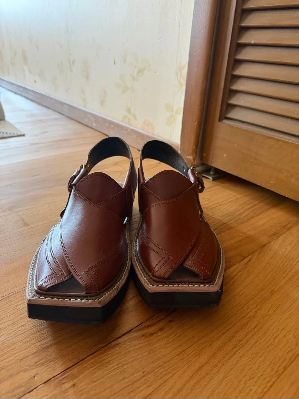 Men's Brown Leather Slingback Sandals with Square Toe